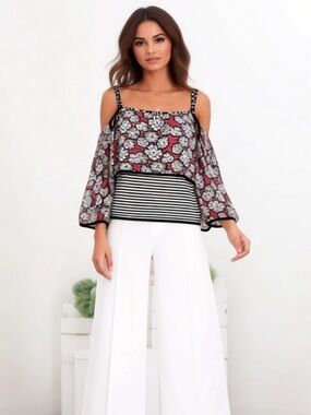 SAVE THE QUEEN Designer Black & White Striped Floral Mesh Open Shoulder Top S